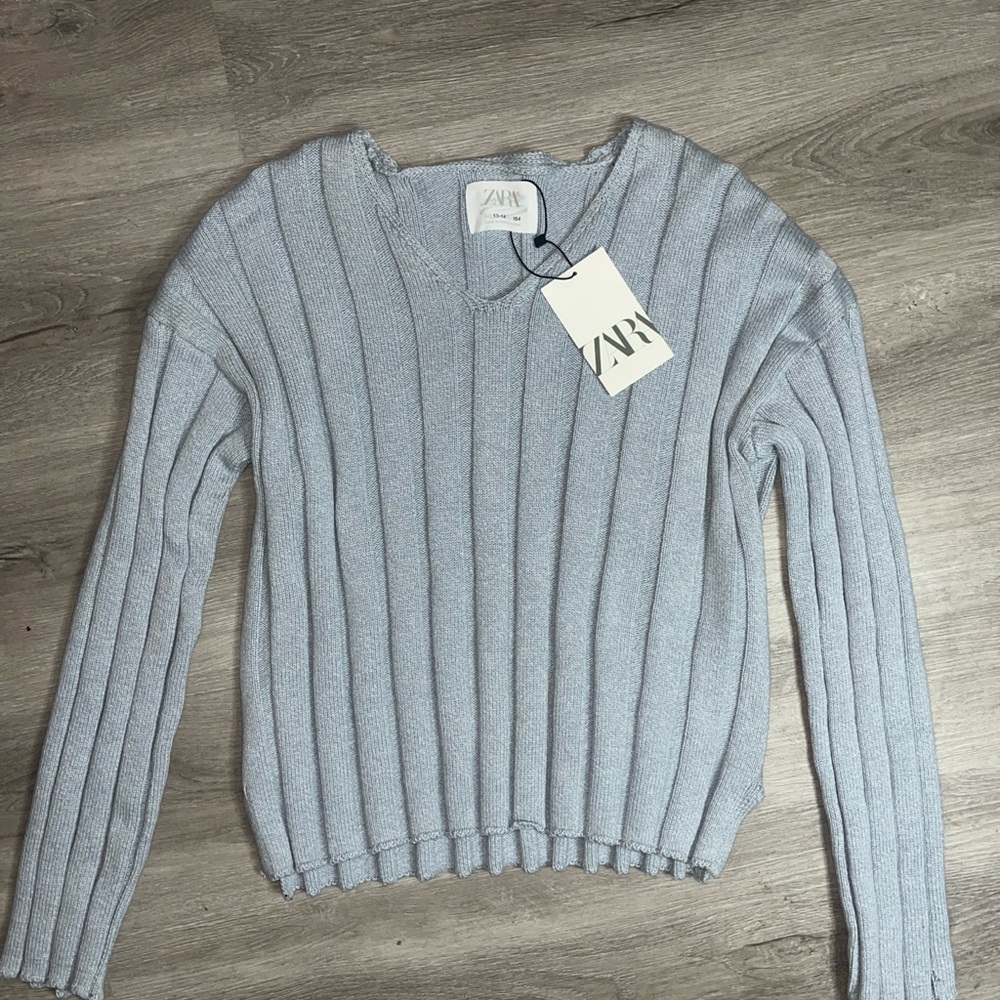 Zara Light Blue V-Neck Ribbed Sweater